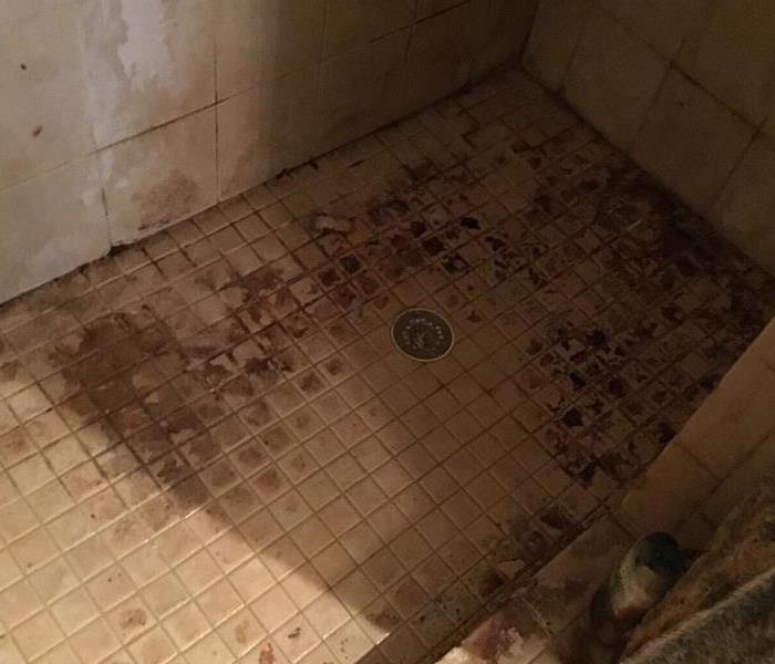 shower with debris on floor